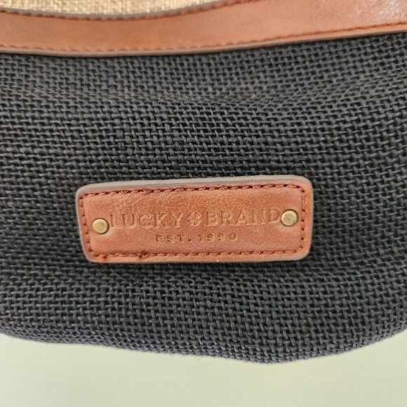 Lucky Brand Purse Tan Brown Natural Linen Faux Leather Bucket Hobo Crossbody Bag - Picture 3 of 13